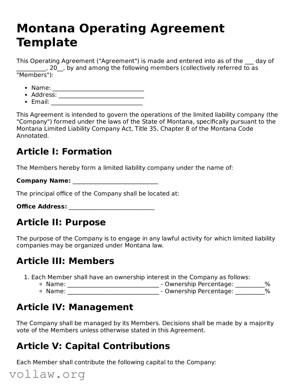 Attorney-Verified  Operating Agreement Form for Montana