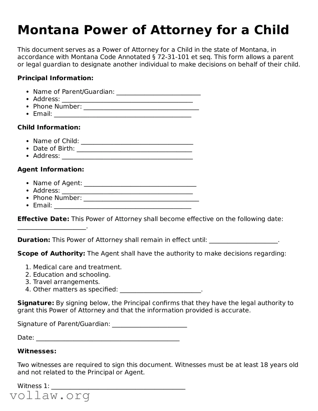 Attorney-Verified  Power of Attorney for a Child Form for Montana