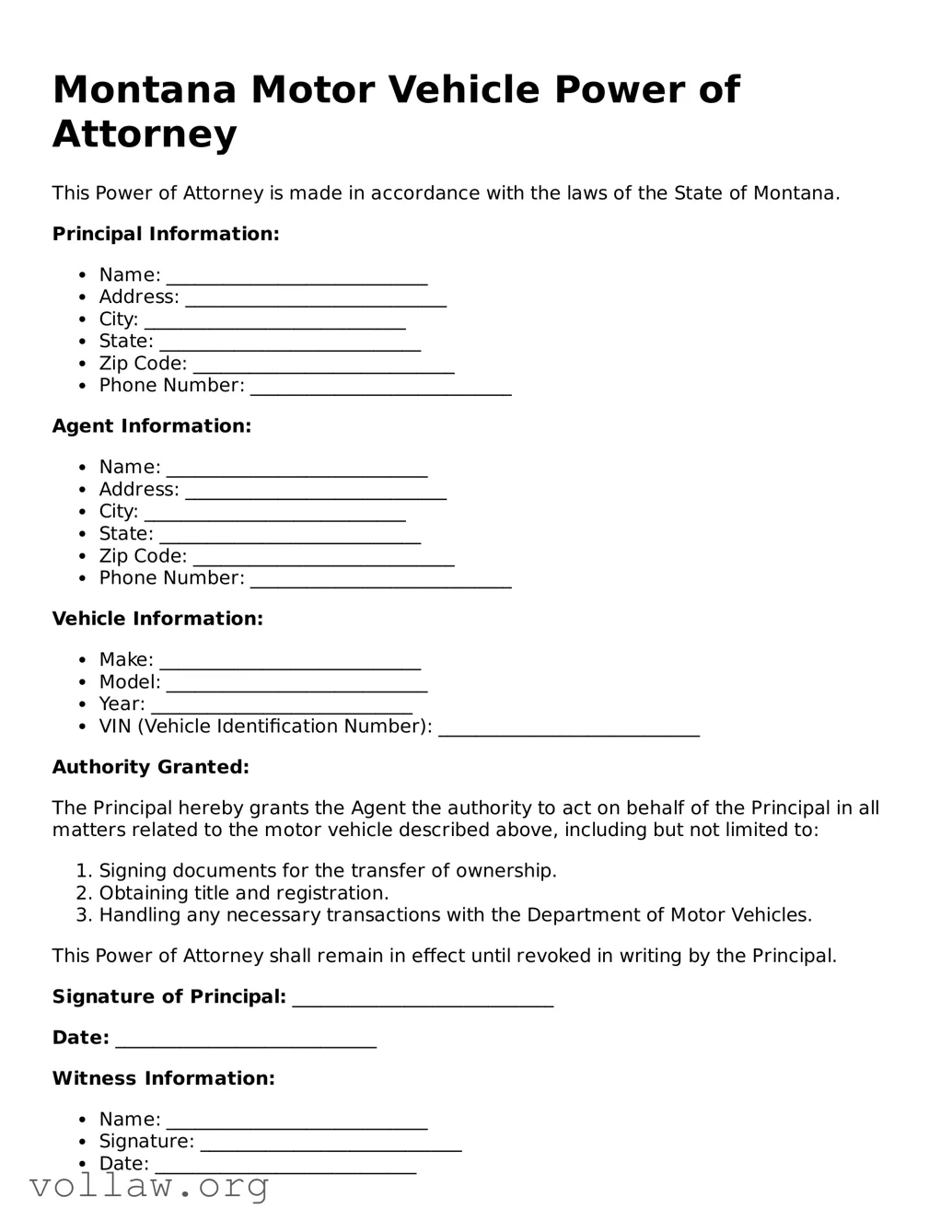 Attorney-Verified  Motor Vehicle Power of Attorney Form for Montana