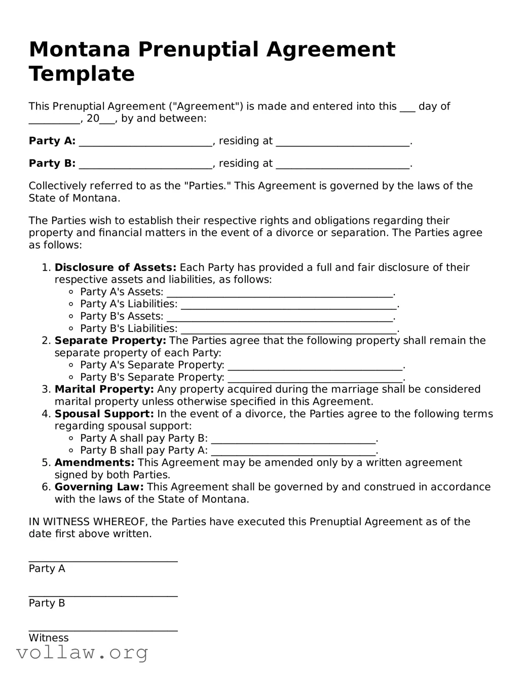 Attorney-Verified  Prenuptial Agreement Form for Montana
