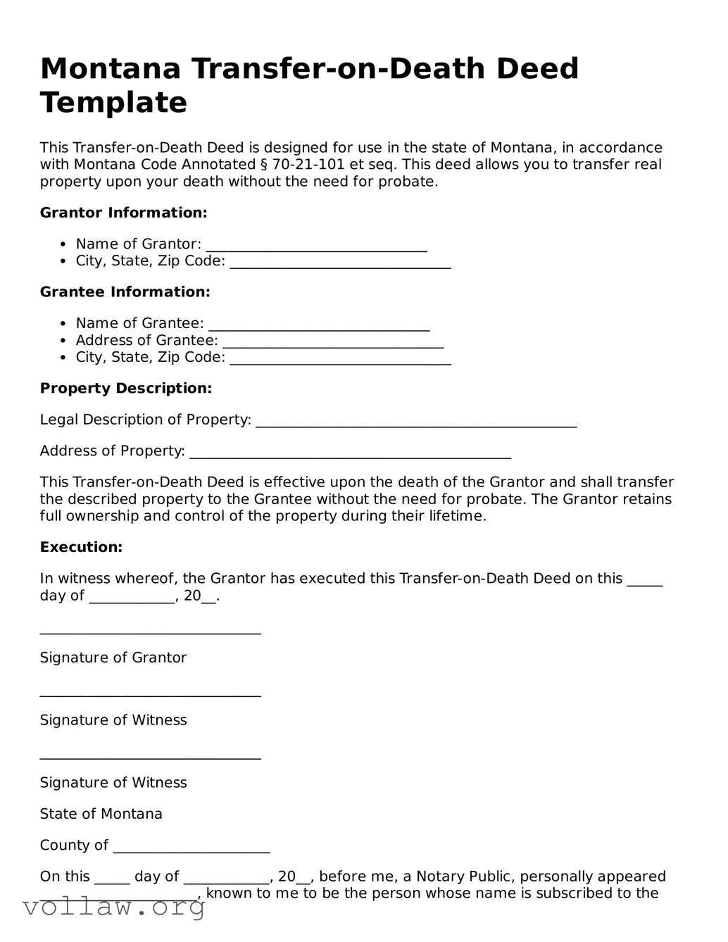 Attorney-Verified  Transfer-on-Death Deed Form for Montana
