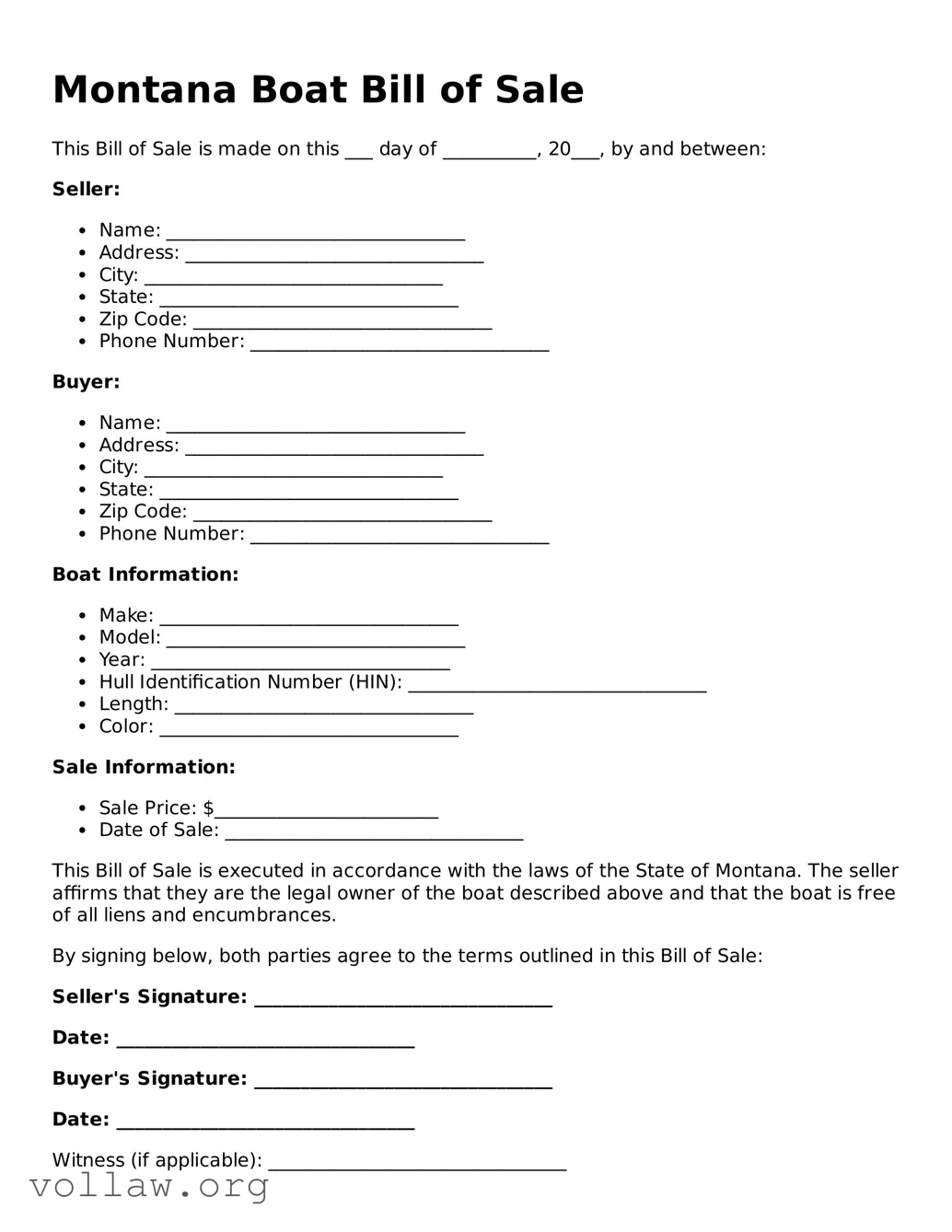 Attorney-Verified  Boat Bill of Sale Form for Montana