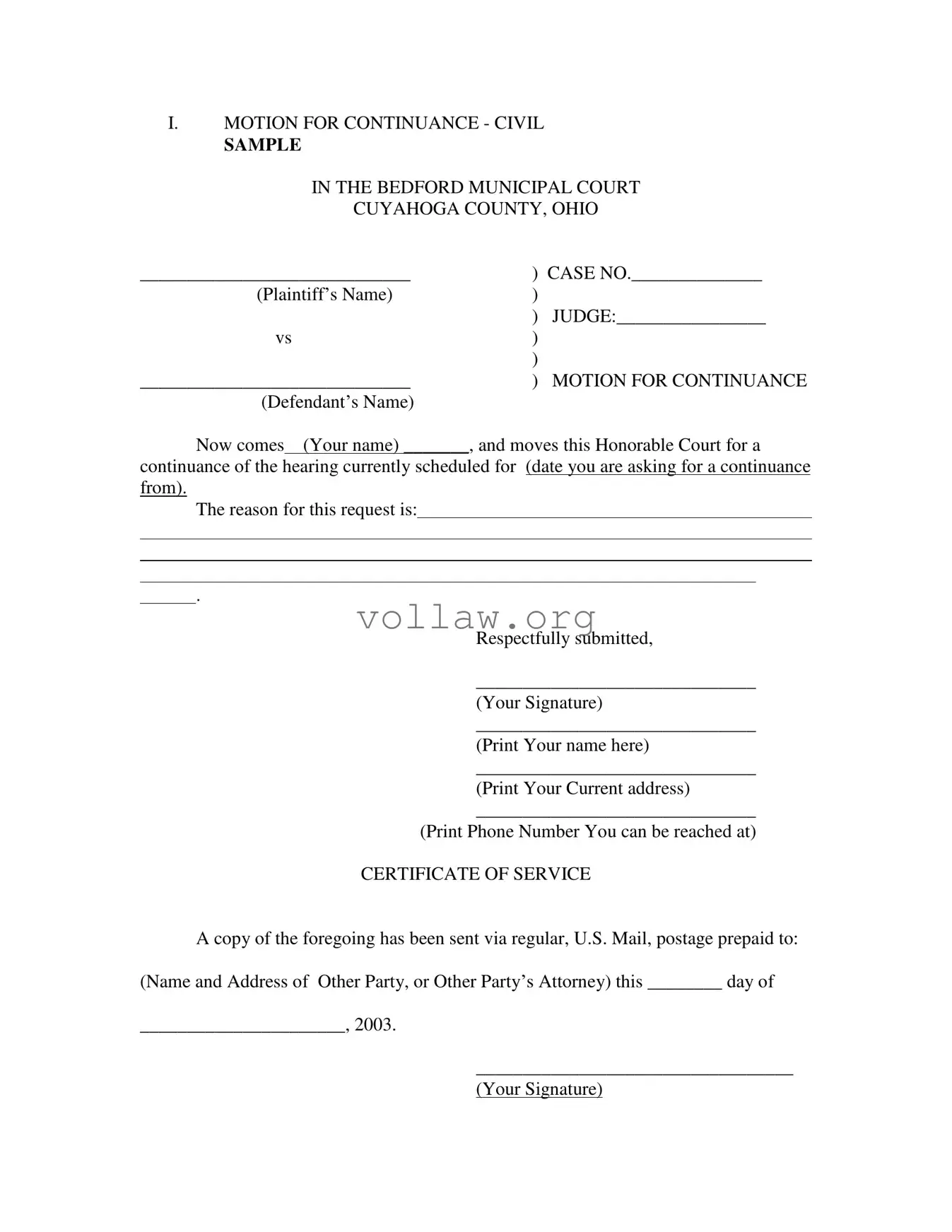 Motion For Continuance Template