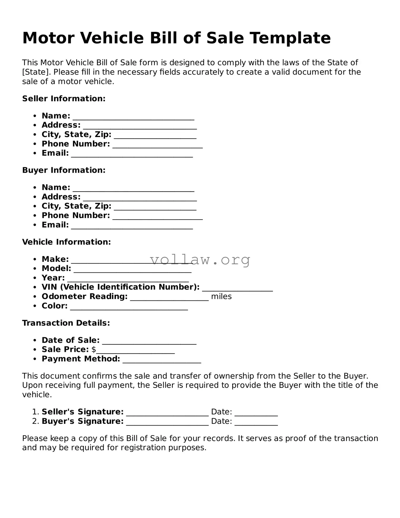 Free Motor Vehicle Bill of Sale Form