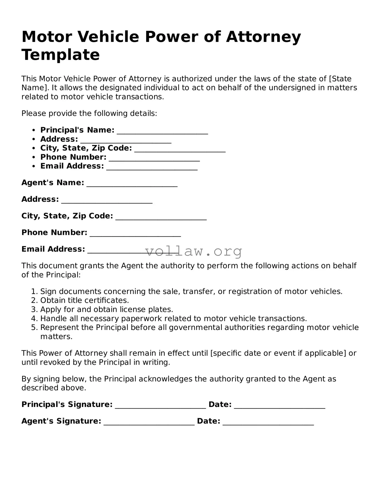 Free Motor Vehicle Power of Attorney Form