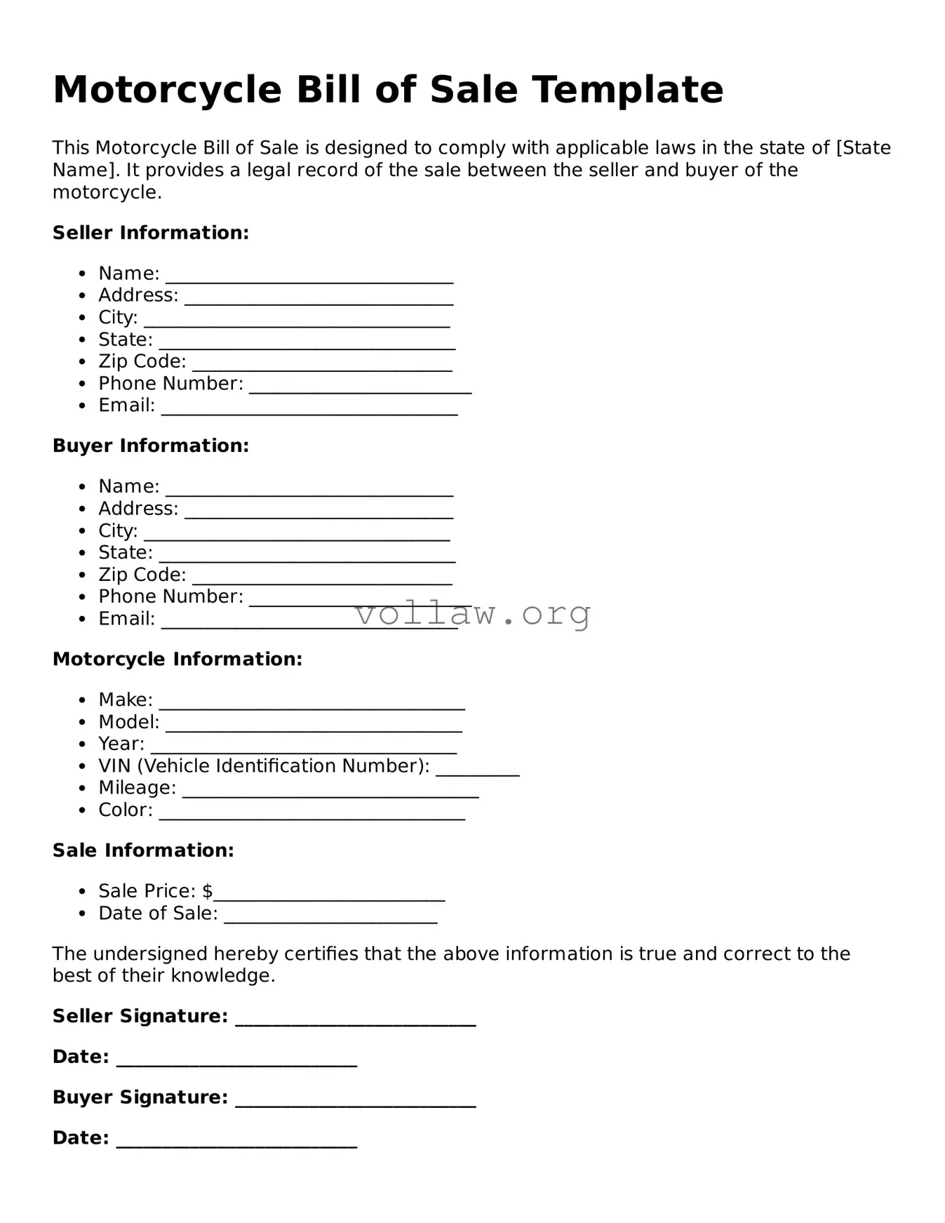 Free Motorcycle Bill of Sale Form
