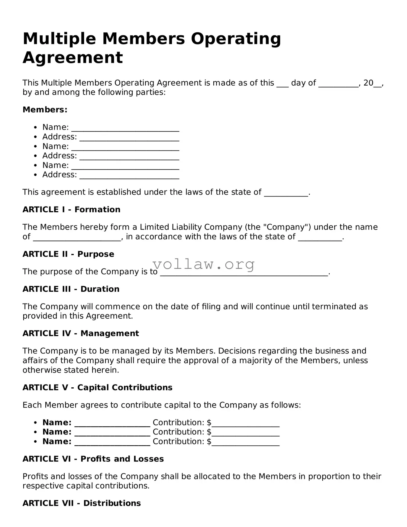 Free Multiple Members Operating Agreement Form