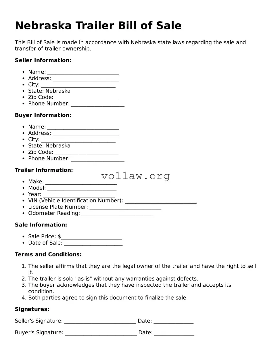 Attorney-Verified  Trailer Bill of Sale Form for Nebraska