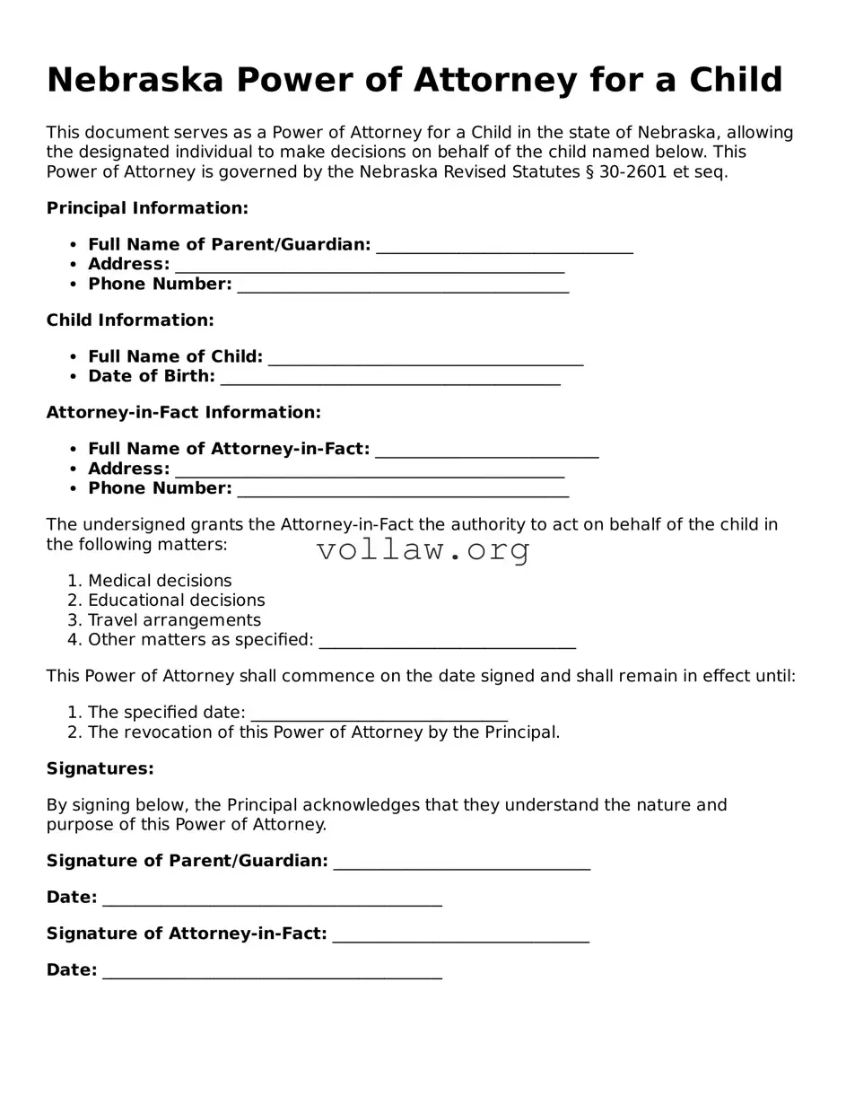 Attorney-Verified  Power of Attorney for a Child Form for Nebraska