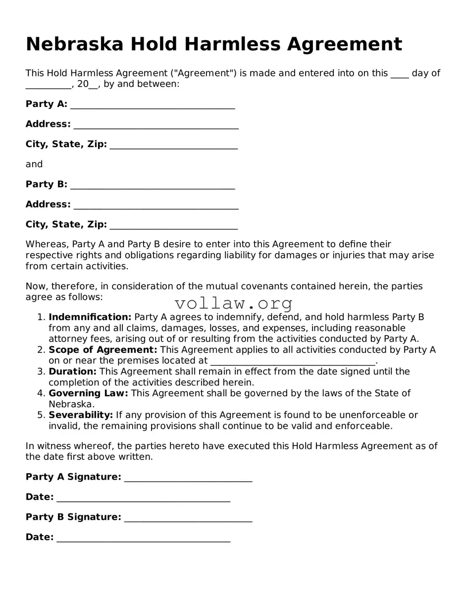 Attorney-Verified  Hold Harmless Agreement Form for Nebraska