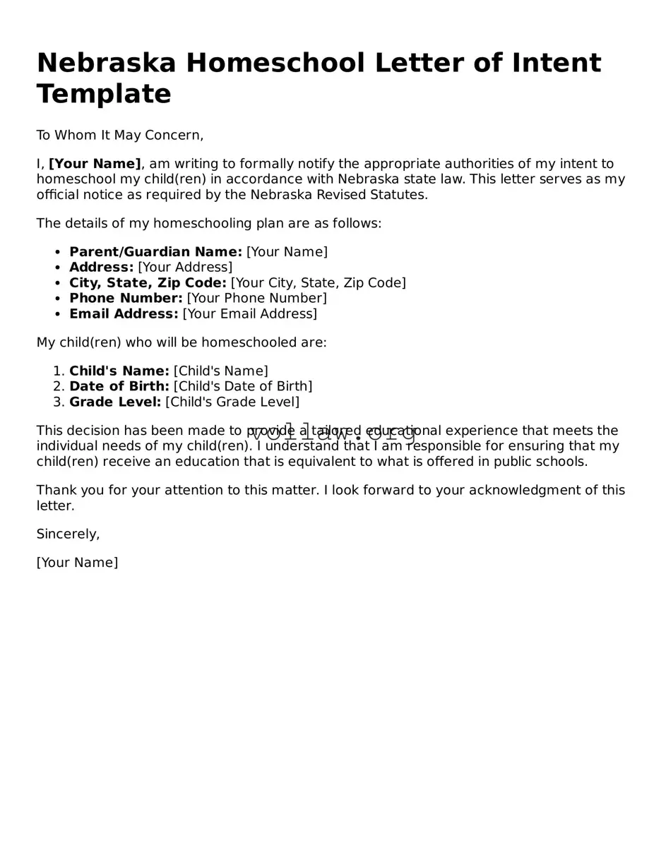 Attorney-Verified  Homeschool Letter of Intent Form for Nebraska
