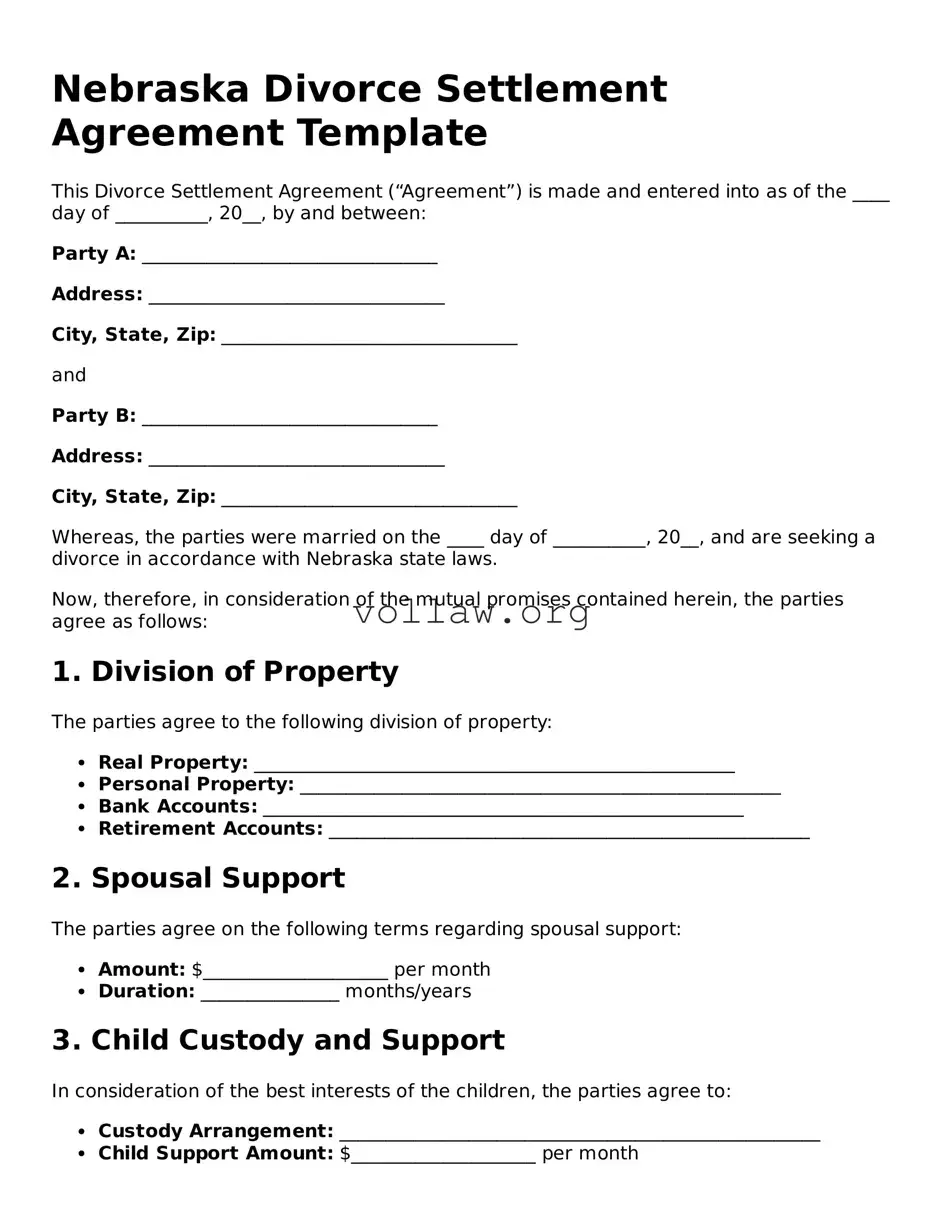 Attorney-Verified  Divorce Settlement Agreement Form for Nebraska