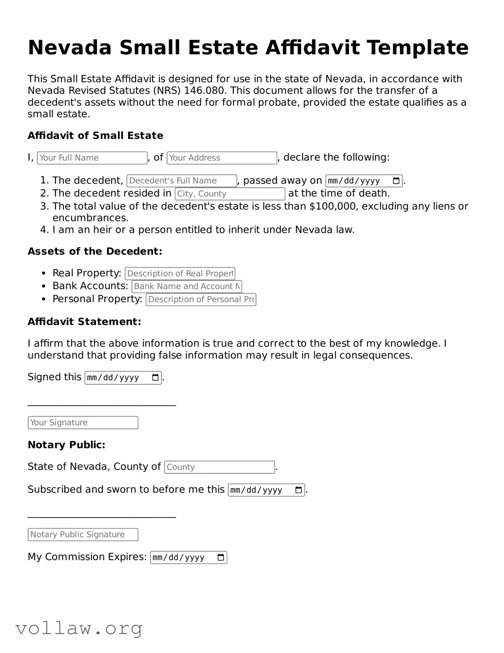 Attorney-Verified  Small Estate Affidavit Form for Nevada