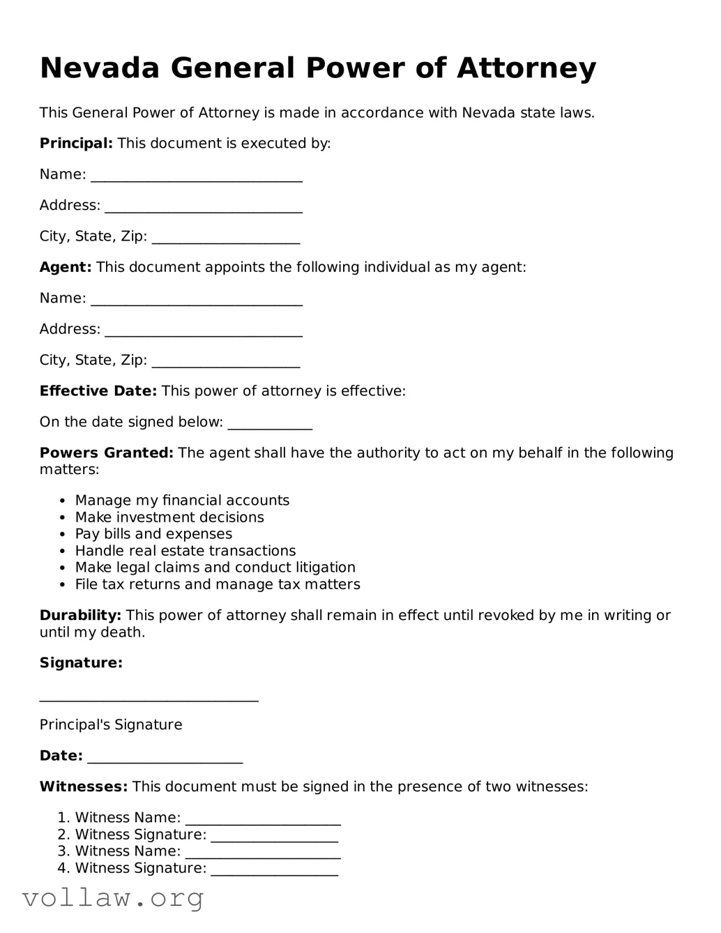 Attorney-Verified  General Power of Attorney Form for Nevada