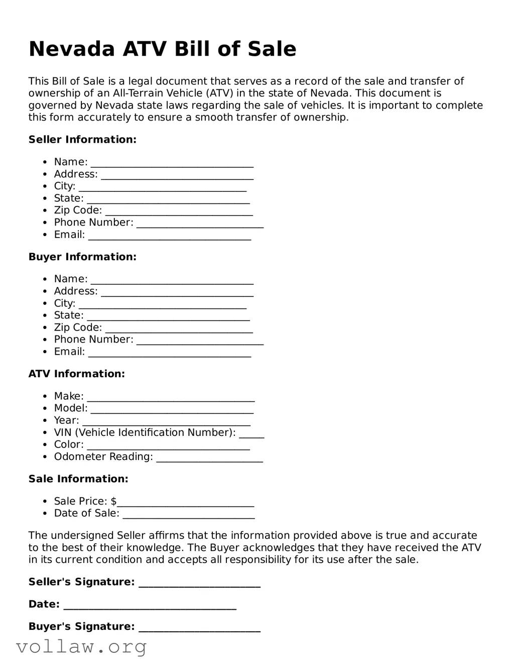 Attorney-Verified  ATV Bill of Sale Form for Nevada