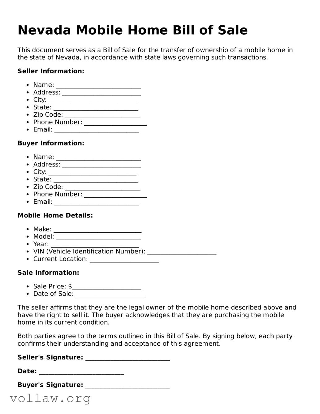 Attorney-Verified  Mobile Home Bill of Sale Form for Nevada