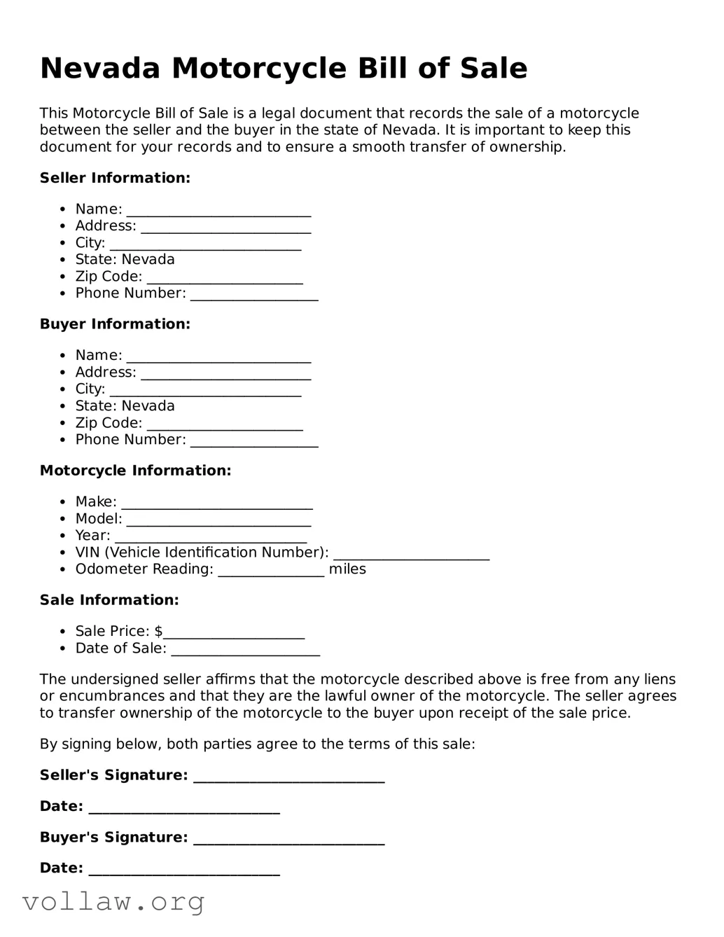 Attorney-Verified  Motorcycle Bill of Sale Form for Nevada