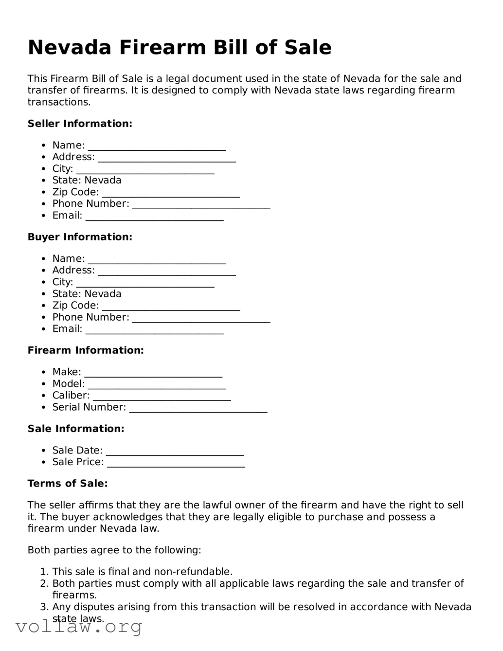 Attorney-Verified  Firearm Bill of Sale Form for Nevada