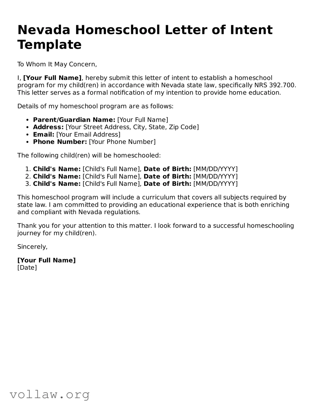 Attorney-Verified  Homeschool Letter of Intent Form for Nevada