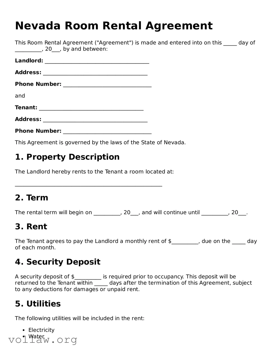 Attorney-Verified  Room Rental Agreement Form for Nevada