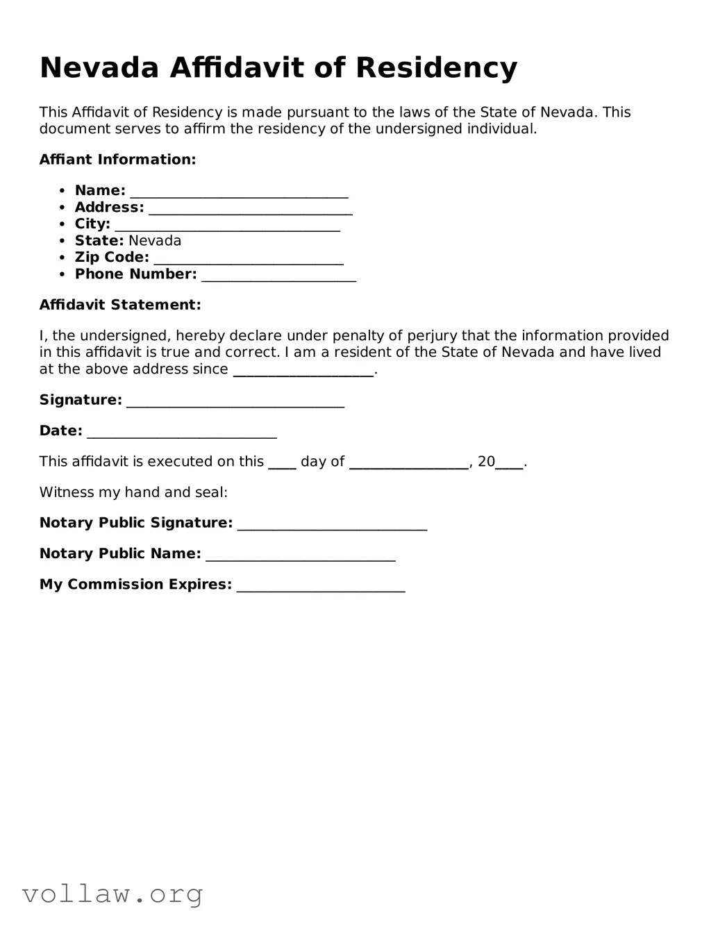 Attorney-Verified  Affidavit of Residency Form for Nevada
