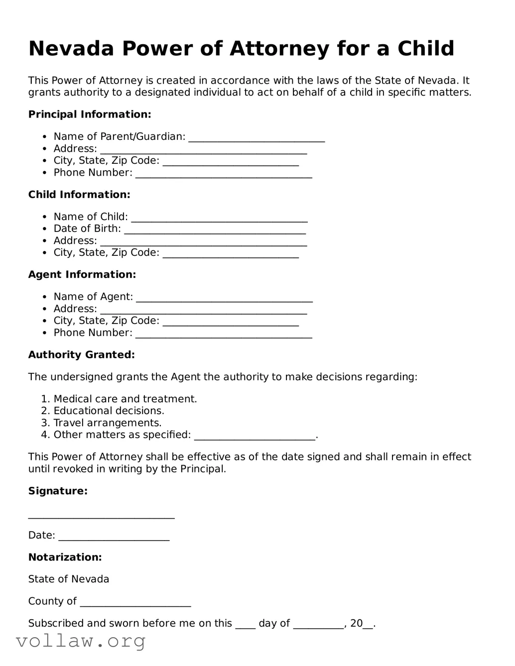 Attorney-Verified  Power of Attorney for a Child Form for Nevada