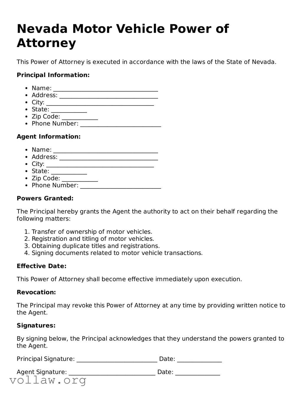 Attorney-Verified  Motor Vehicle Power of Attorney Form for Nevada