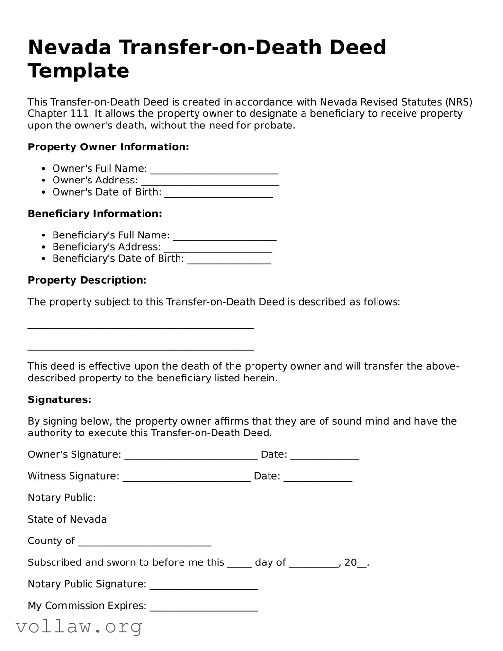 Attorney-Verified  Transfer-on-Death Deed Form for Nevada
