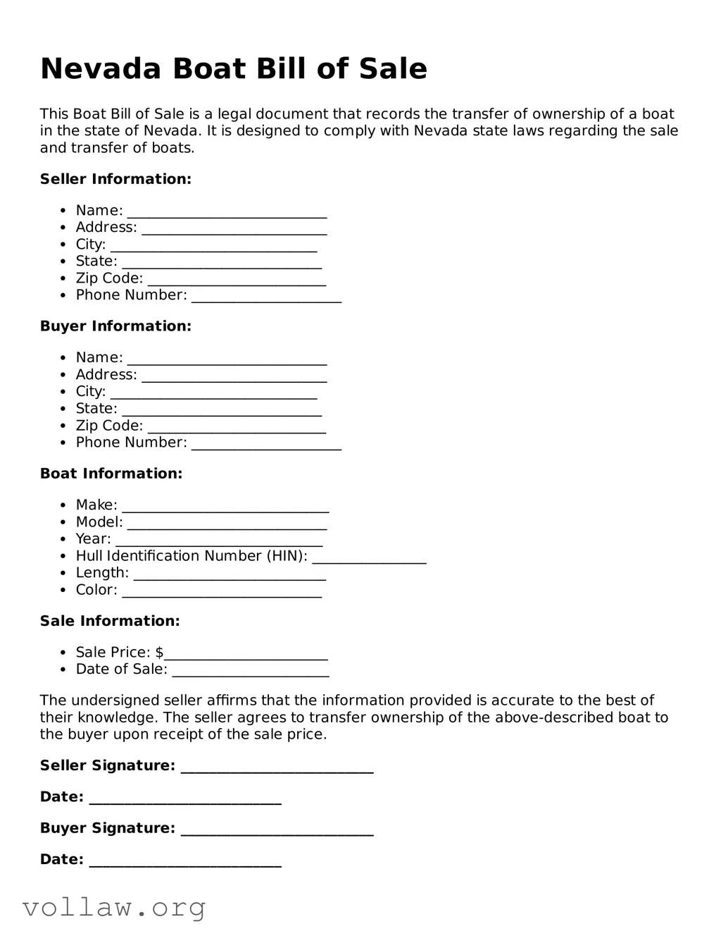 Attorney-Verified  Boat Bill of Sale Form for Nevada