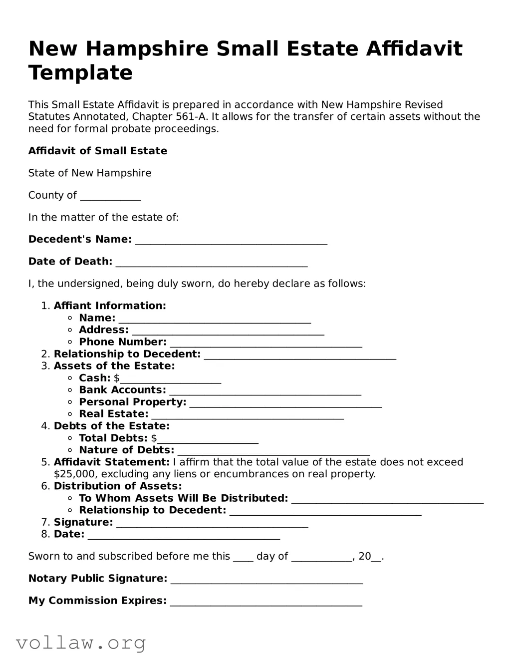 Attorney-Verified  Small Estate Affidavit Form for New Hampshire