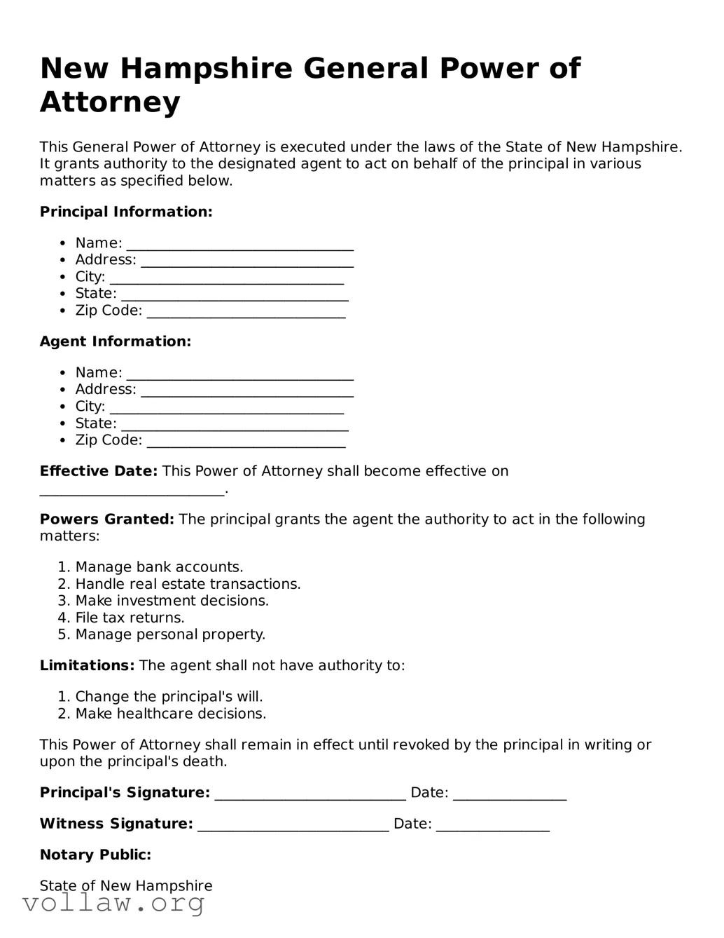 Attorney-Verified  General Power of Attorney Form for New Hampshire