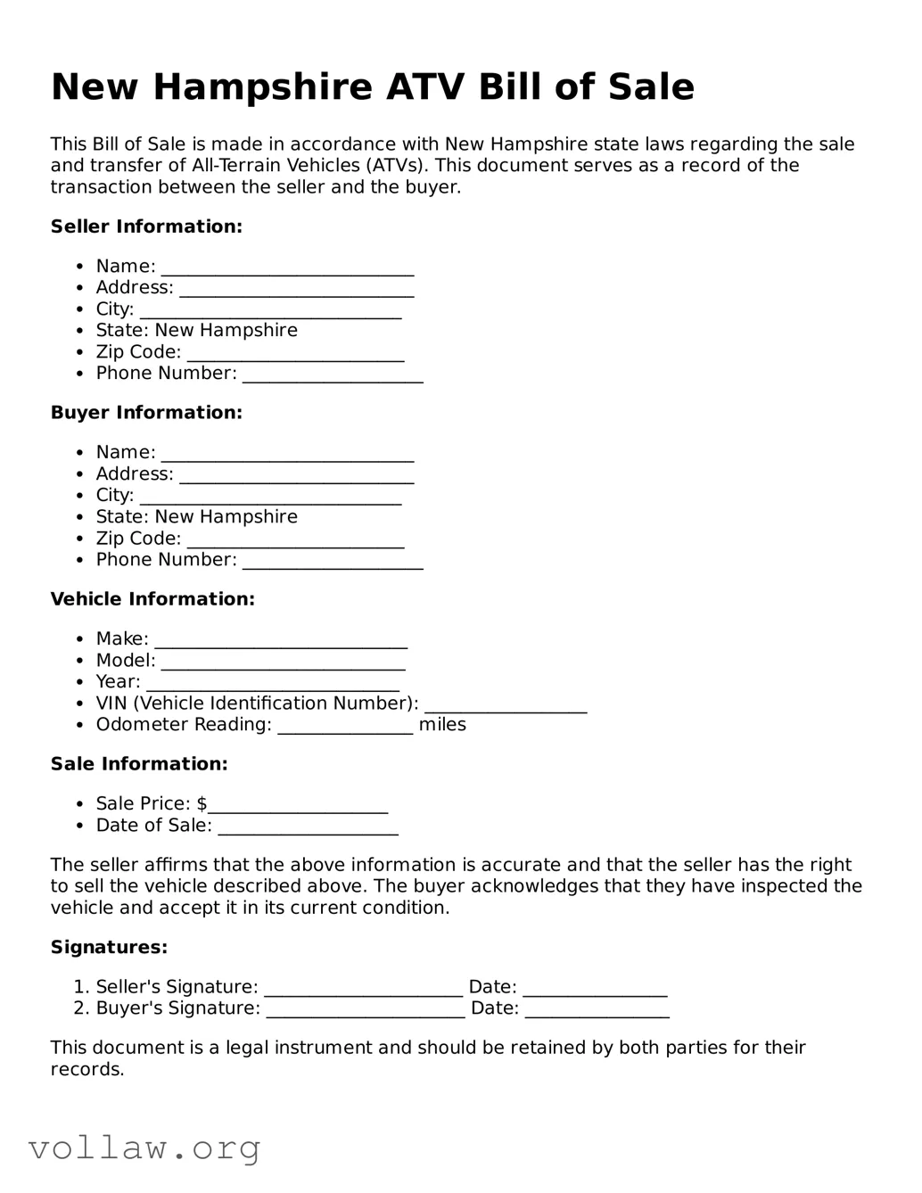 Attorney-Verified  ATV Bill of Sale Form for New Hampshire