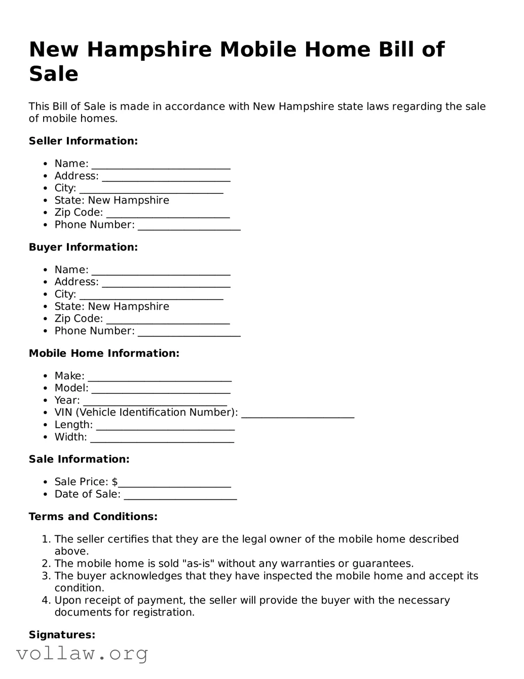 Attorney-Verified  Mobile Home Bill of Sale Form for New Hampshire
