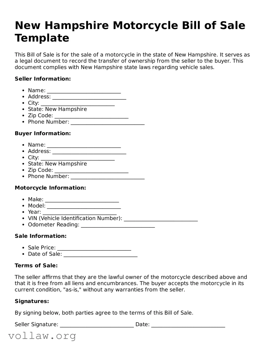 Attorney-Verified  Motorcycle Bill of Sale Form for New Hampshire