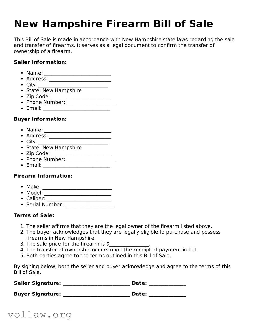 Attorney-Verified  Firearm Bill of Sale Form for New Hampshire