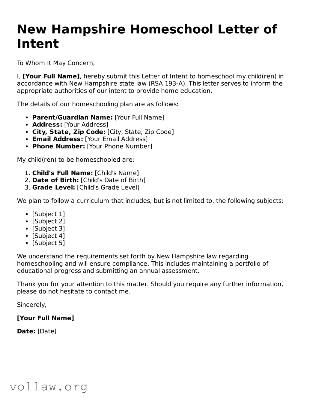 Attorney-Verified  Homeschool Letter of Intent Form for New Hampshire