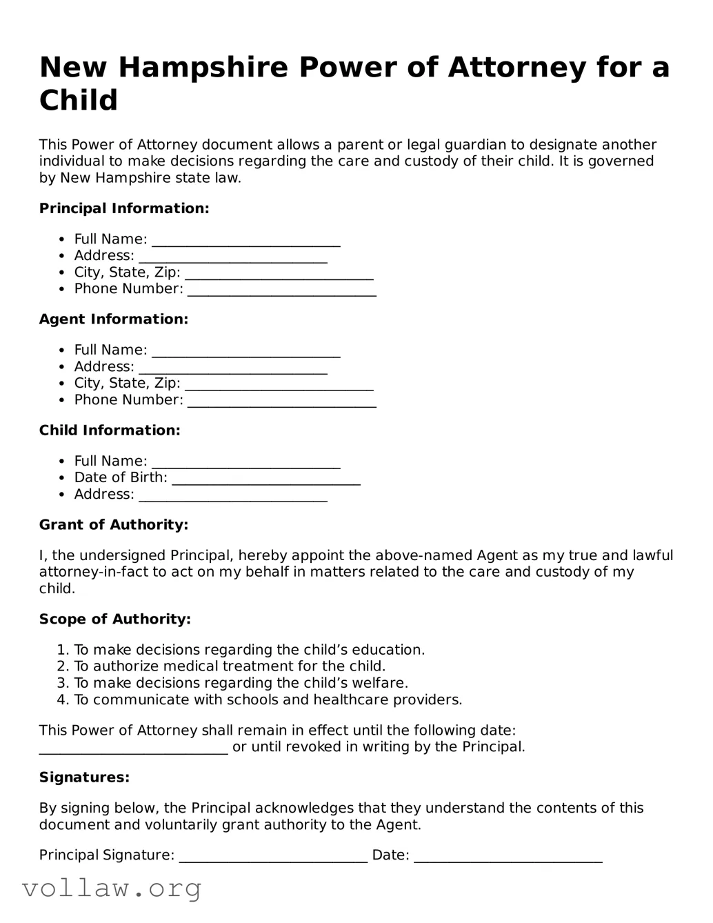 Attorney-Verified  Power of Attorney for a Child Form for New Hampshire