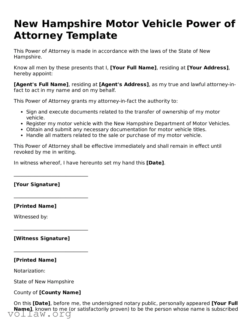 Attorney-Verified  Motor Vehicle Power of Attorney Form for New Hampshire