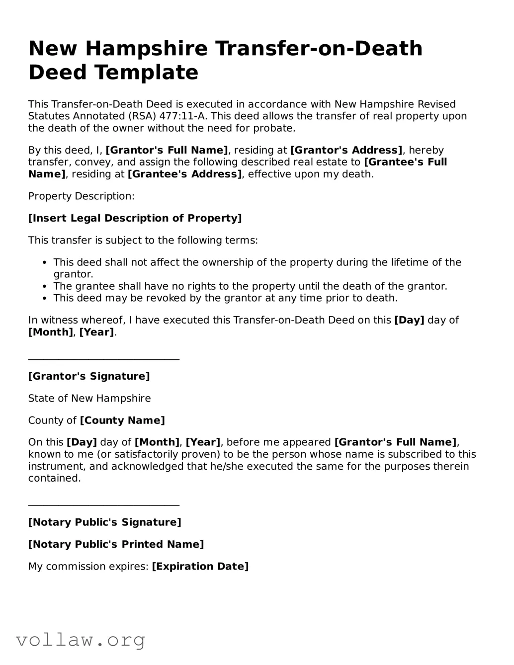 Attorney-Verified  Transfer-on-Death Deed Form for New Hampshire