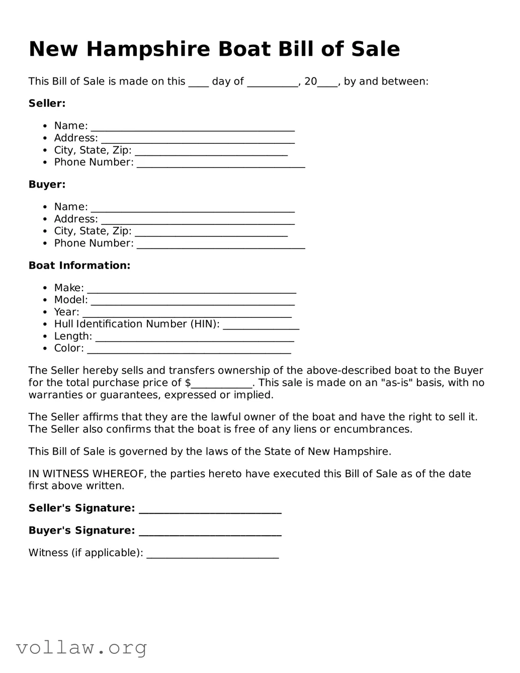 Attorney-Verified  Boat Bill of Sale Form for New Hampshire