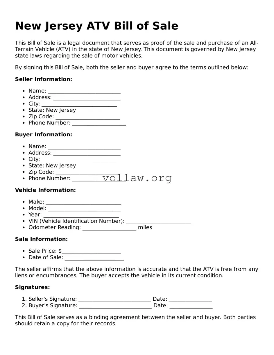 Attorney-Verified  ATV Bill of Sale Form for New Jersey