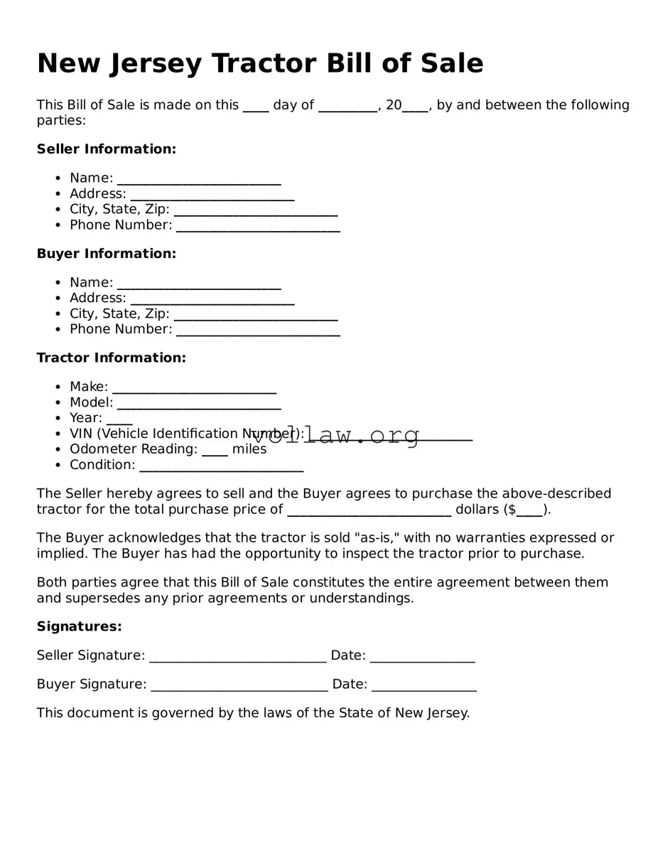 Attorney-Verified  Tractor Bill of Sale Form for New Jersey