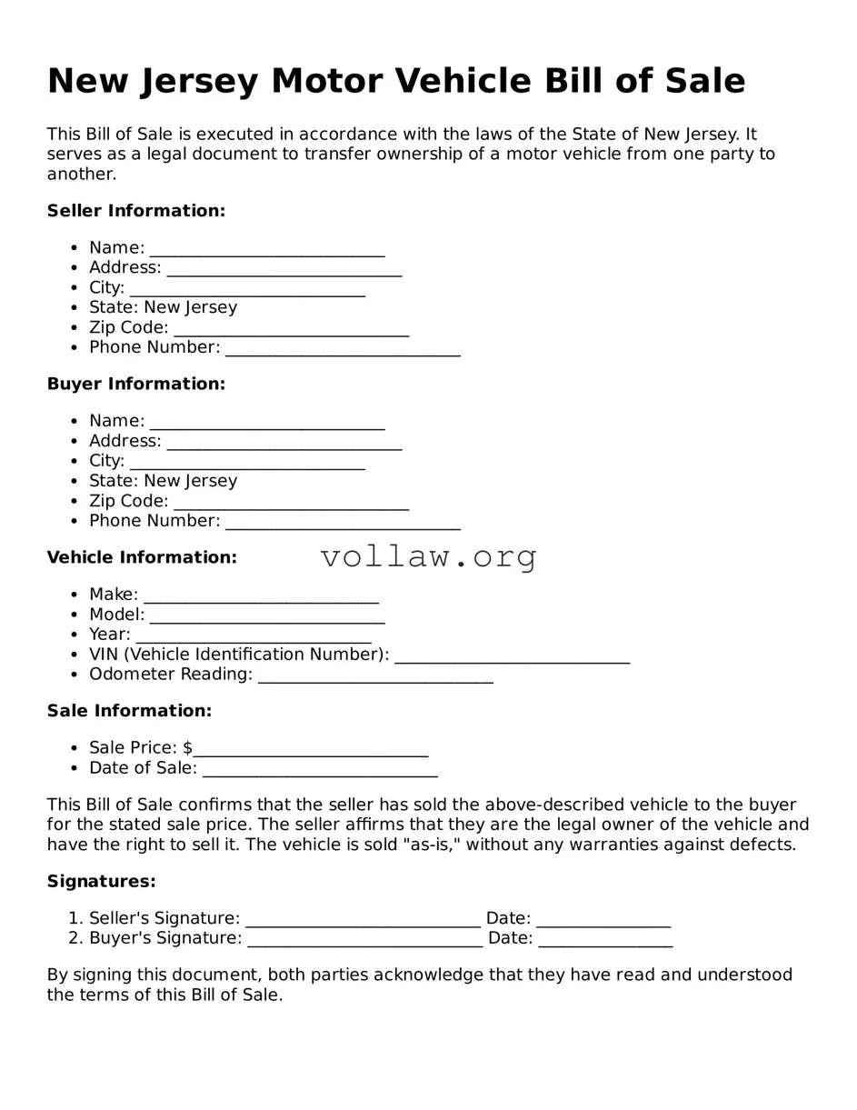 Attorney-Verified  Motor Vehicle Bill of Sale Form for New Jersey