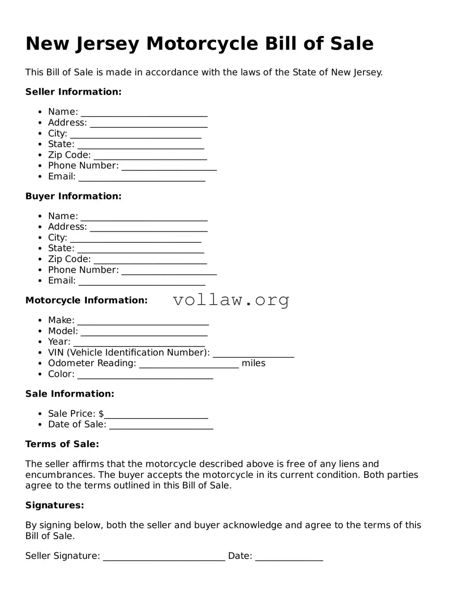 Attorney-Verified  Motorcycle Bill of Sale Form for New Jersey