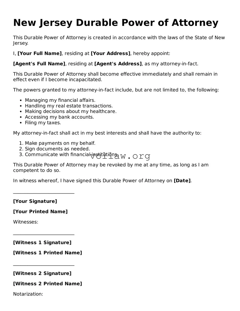 Attorney-Verified  Durable Power of Attorney Form for New Jersey