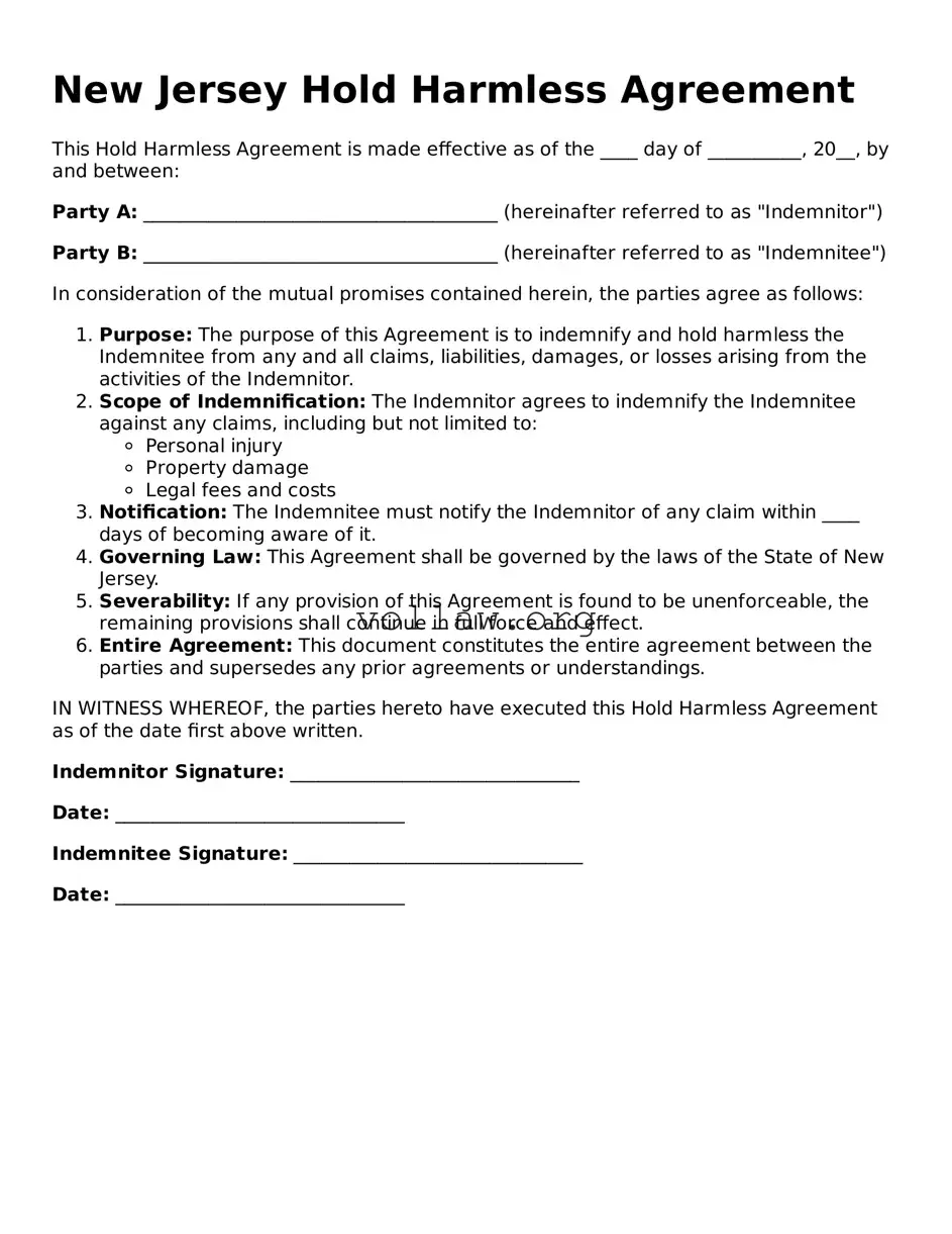 Attorney-Verified  Hold Harmless Agreement Form for New Jersey