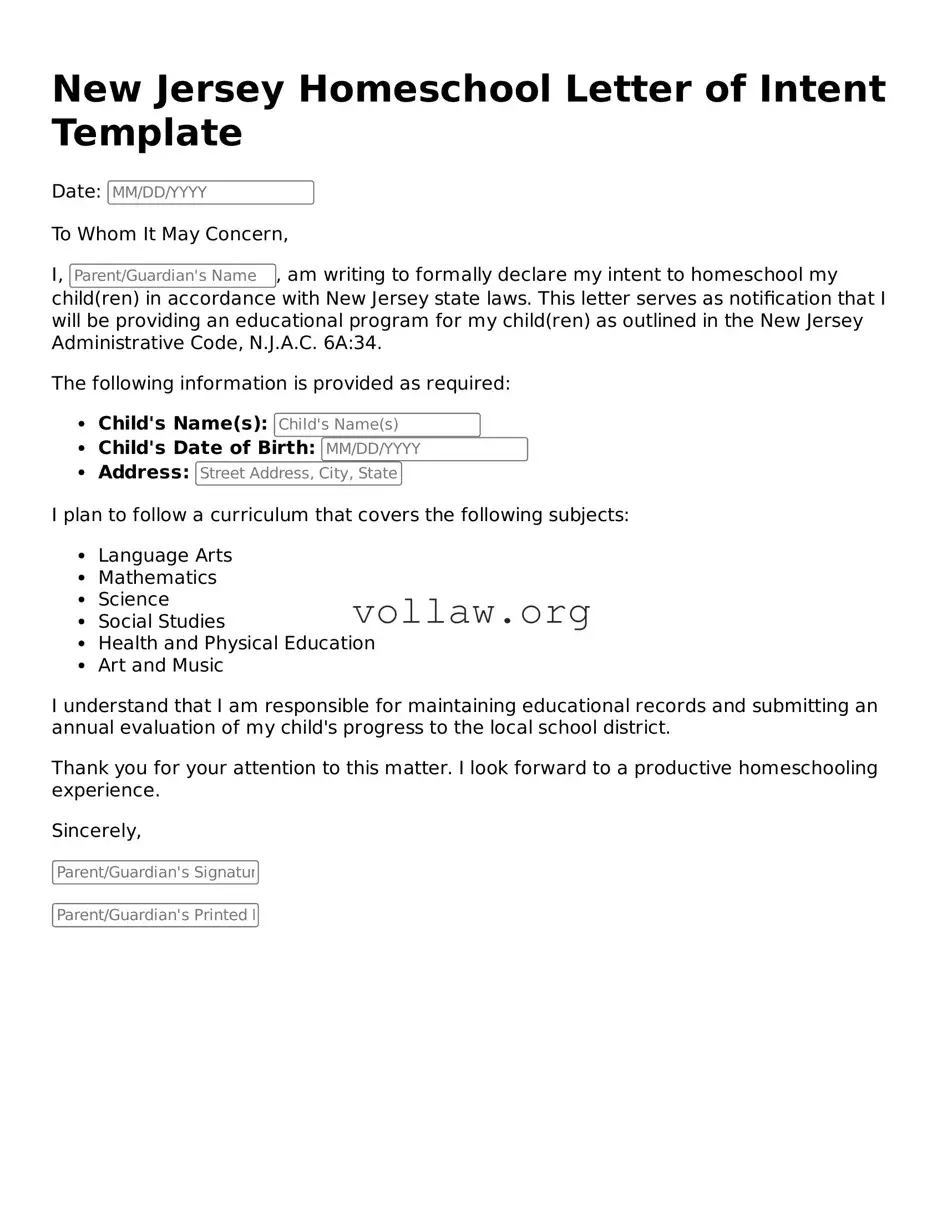 Attorney-Verified  Homeschool Letter of Intent Form for New Jersey