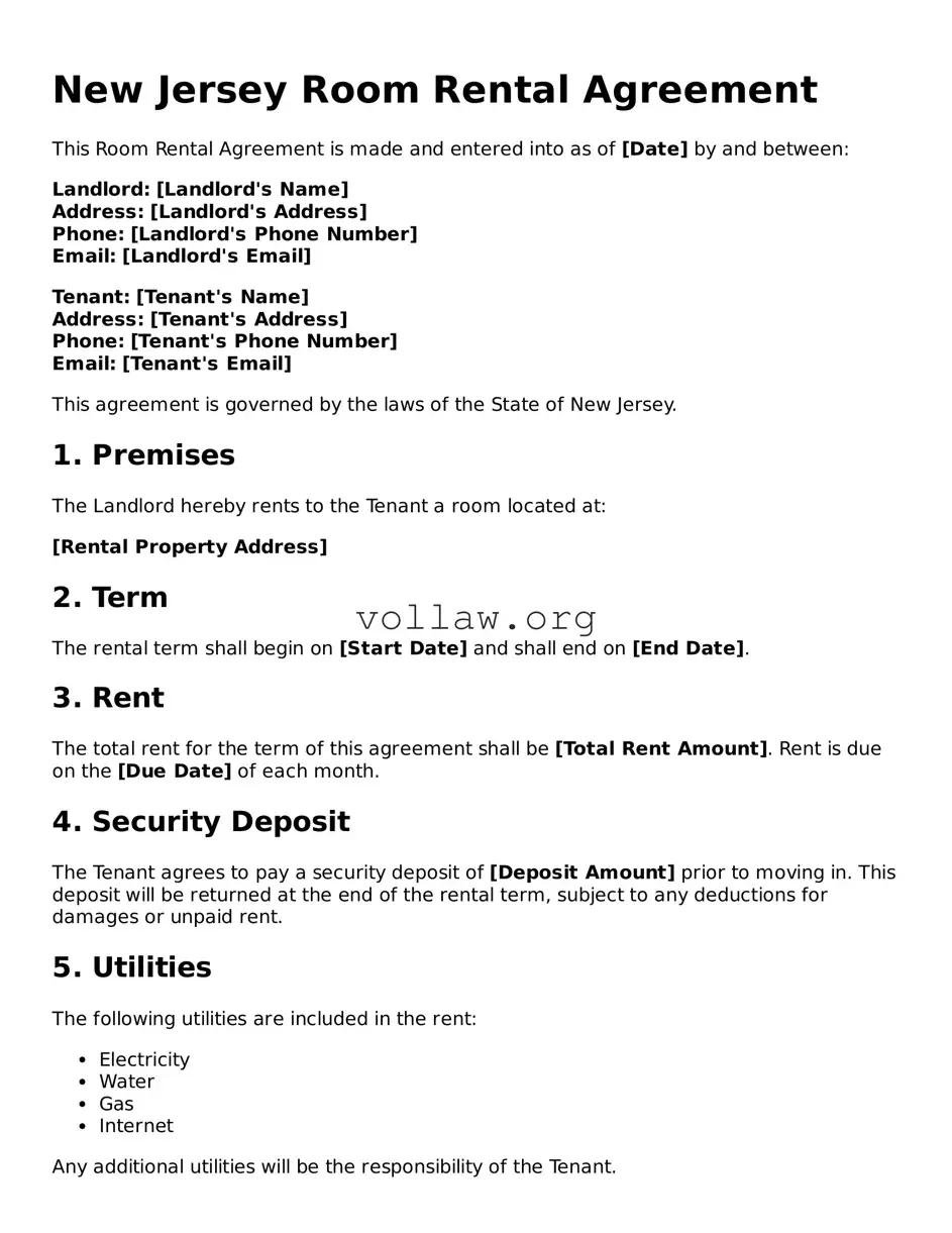 Attorney-Verified  Room Rental Agreement Form for New Jersey