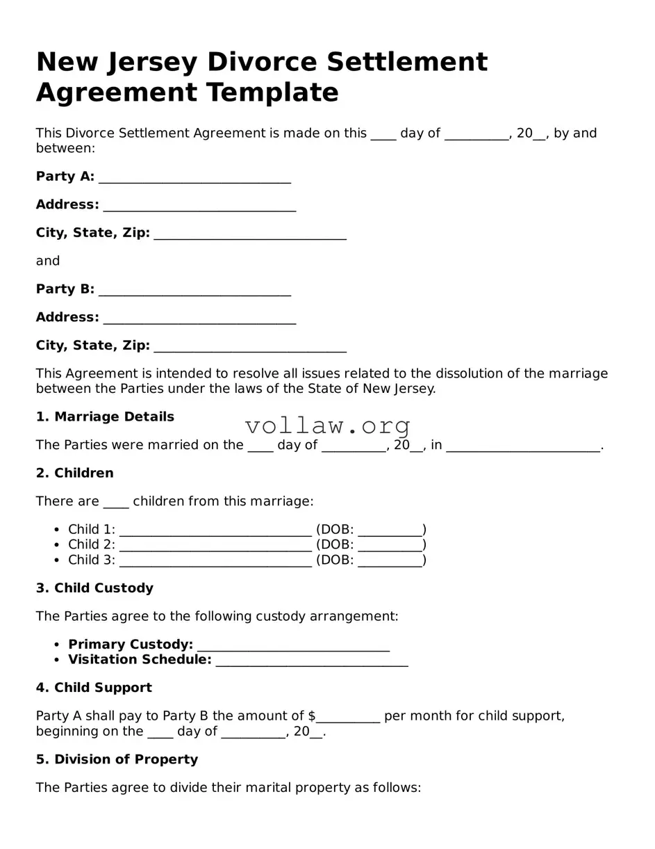 Attorney-Verified  Divorce Settlement Agreement Form for New Jersey