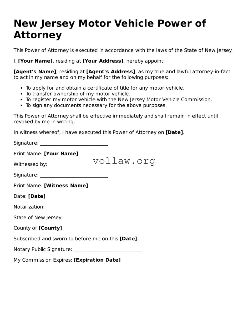 Attorney-Verified  Motor Vehicle Power of Attorney Form for New Jersey